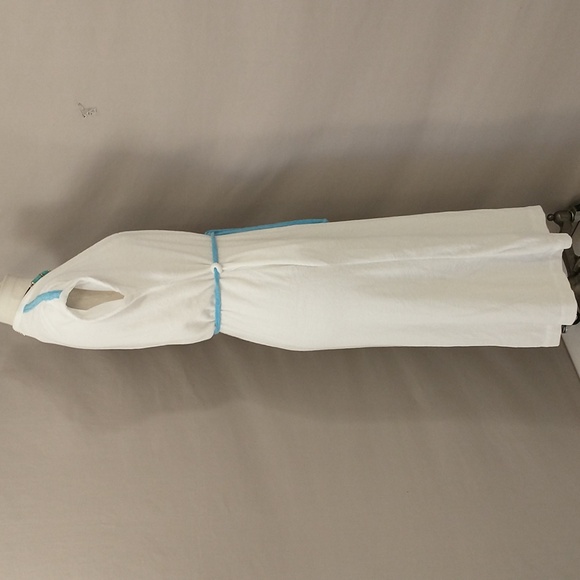 Vintage 70s Soft Terry Robe Long Wrap Authentic Seventies White w Cerulean Blue - Picture 3 of 11